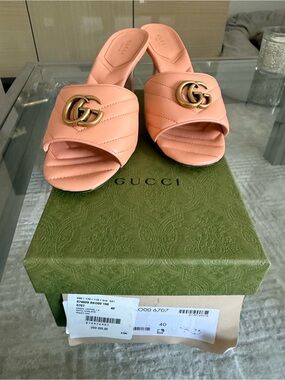 Gucci Peach Quilted Leather GG Slide Mules
